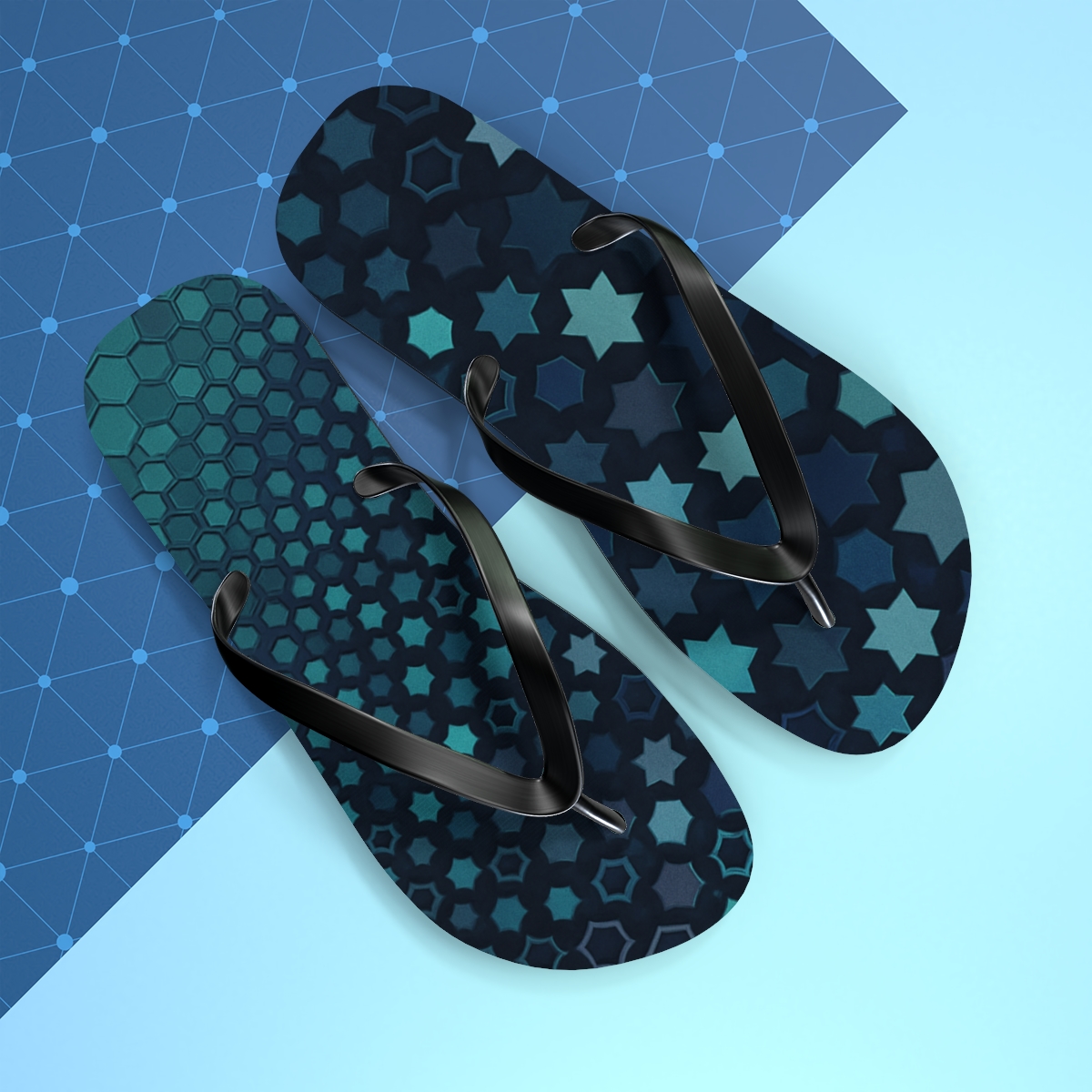 Stellar Tessellation Cascade trendy printed flip flops