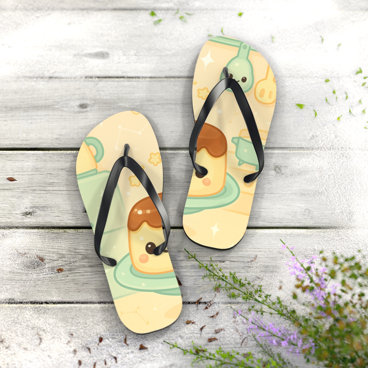 Pastel Planet Pudding Pals designer logo flip flops