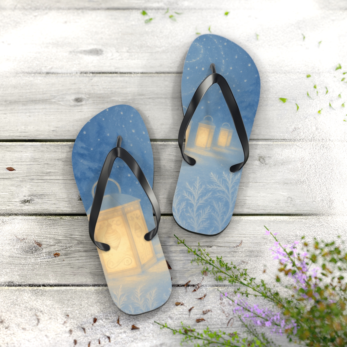 Winter Lantern Frost Waltz colorful rubber flip flops