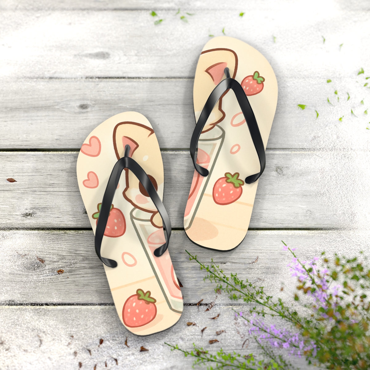Sleepy Strawberry Milk Fox personalized beach flip flops