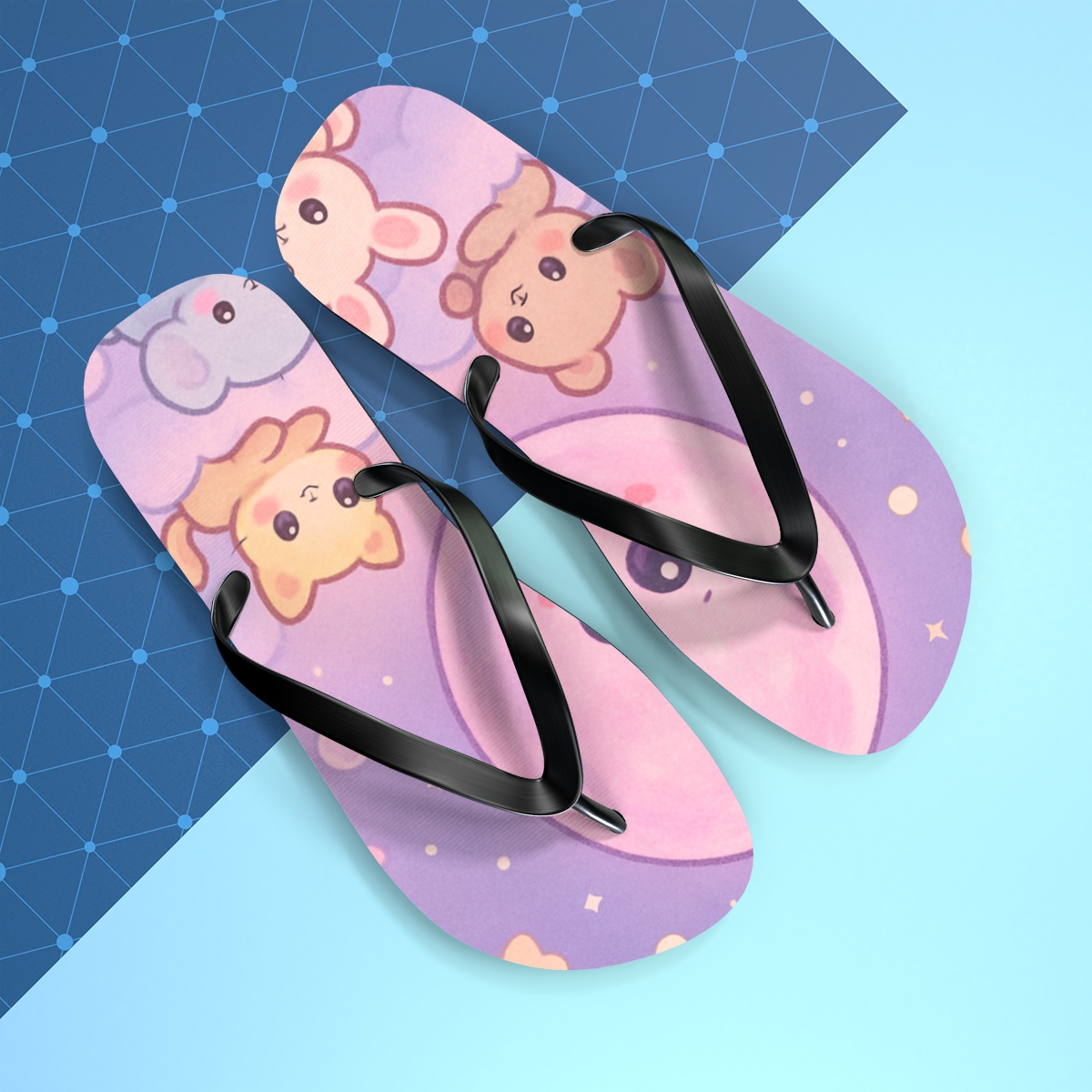 Cotton Candy Moon Critters unique graphic flip flops
