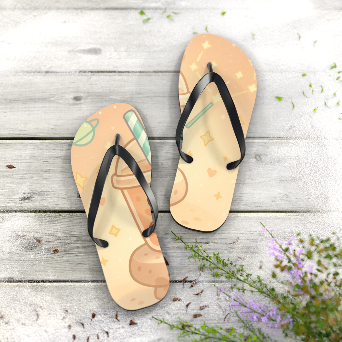Cosmic Bubble Tea Constellation Cafe comfortable casual flip flops