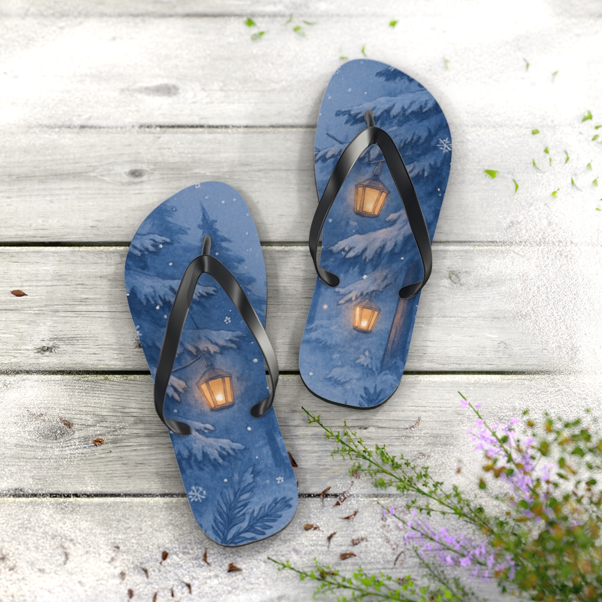 Lantern Night Snowfall Waltz trendy printed flip flops