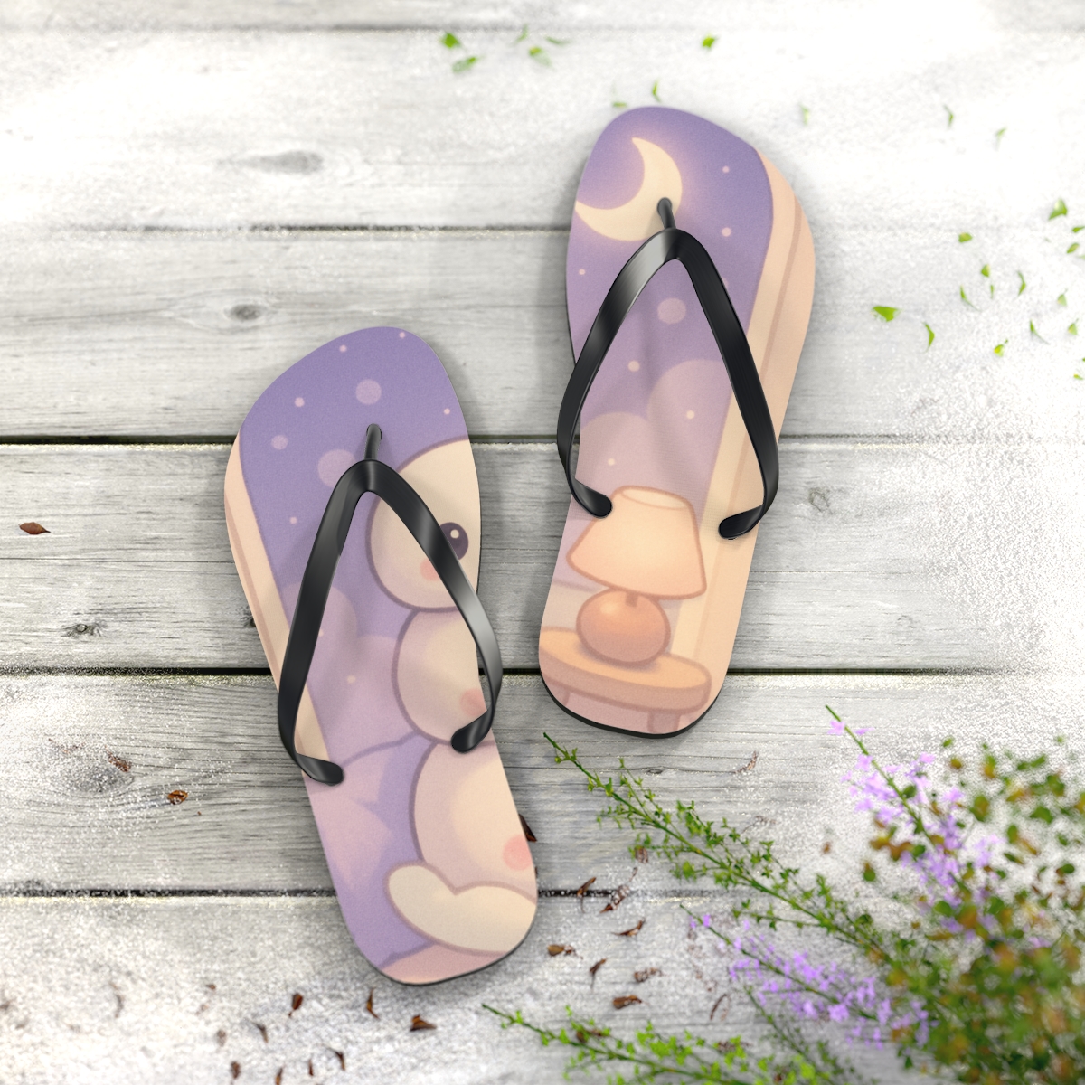 Mochi Moon Mates unique graphic flip flops