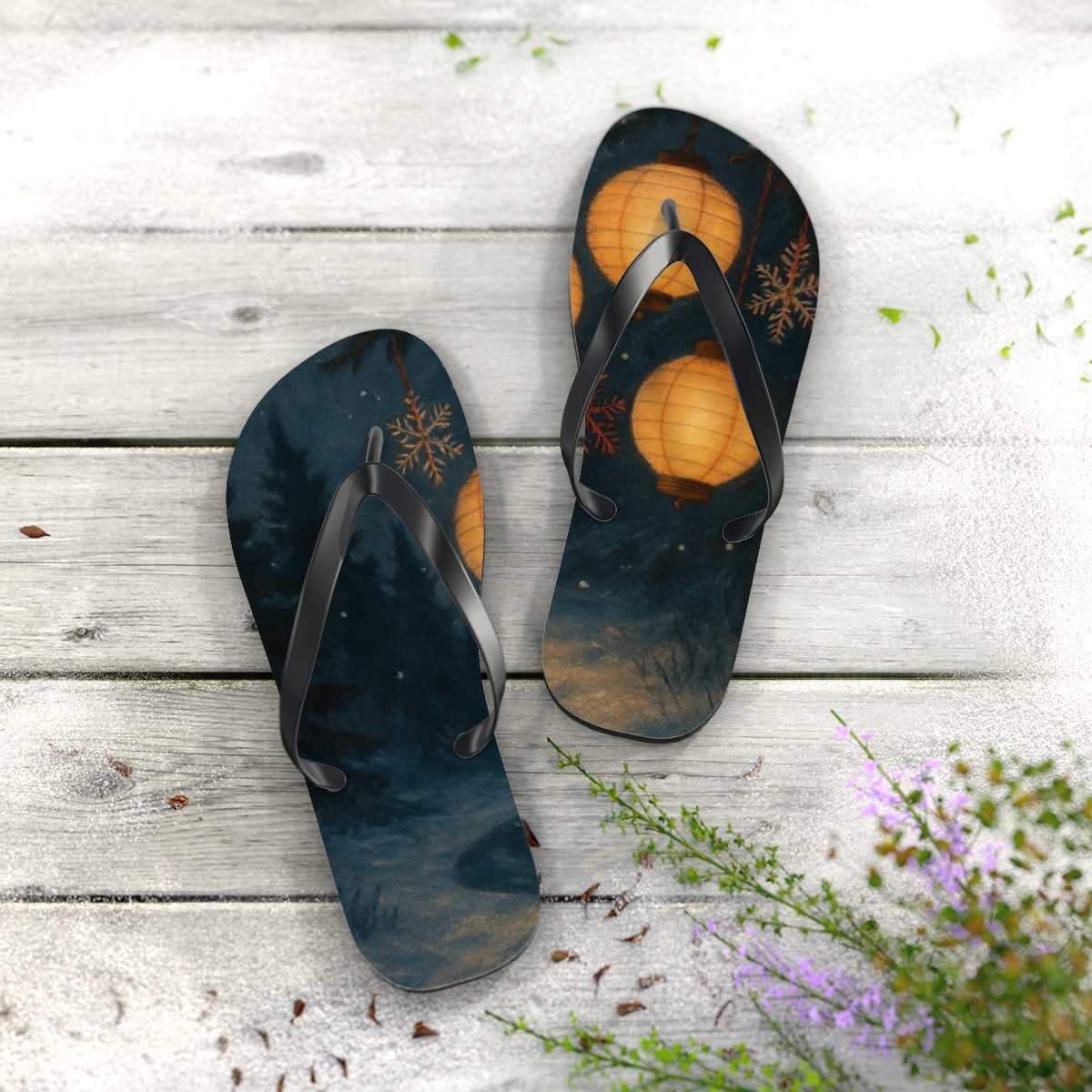 Lantern Lit Winter Eve Waltz unique graphic flip flops