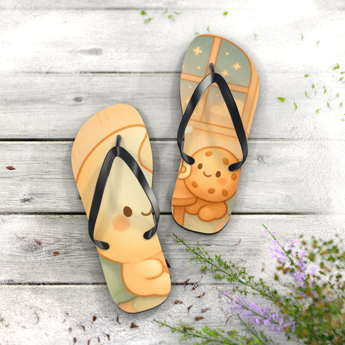 Sleepy Moon Tea Time Buddies designer logo flip flops