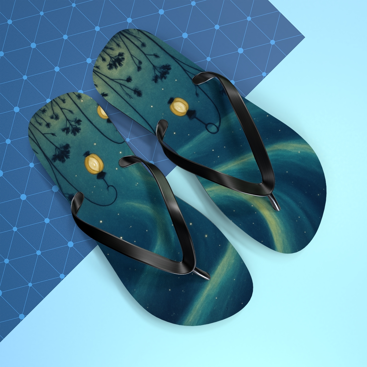 Midsummer Solstice Aurora Ribbons designer logo flip flops