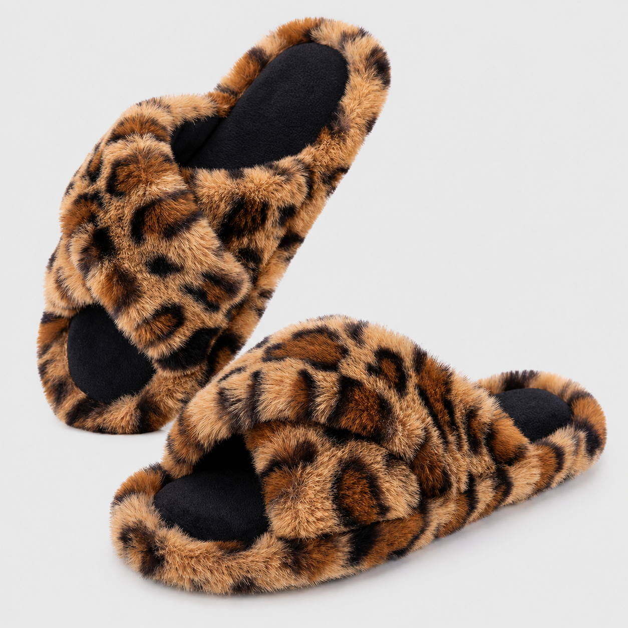 Non Slip Memory Foam Cross Band Faux Fur Slippers For Women