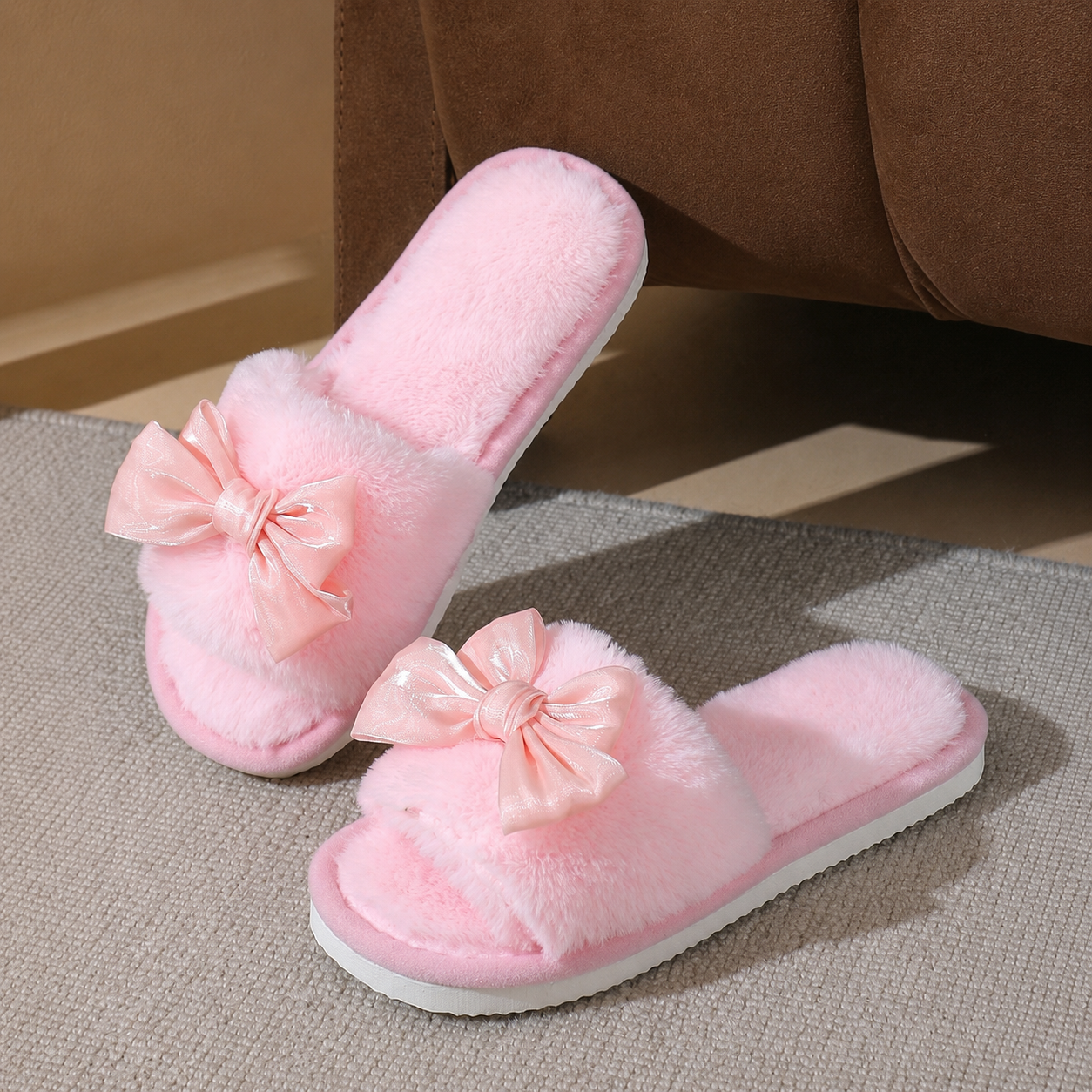 Bowknot Furry Strap Indoor Cozy Slippers