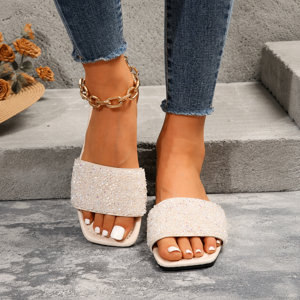 Plus Size Rhinestone Soft Bottom Flat Sandals For Women