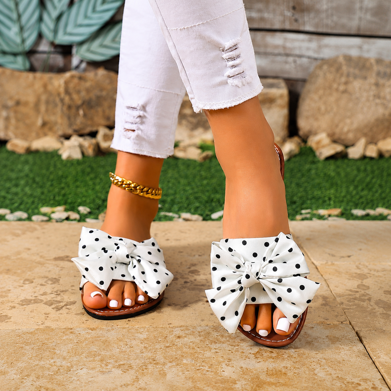 Summer Beach Bow Flat Slip On Sandals with Lightweight Casual Design for Women