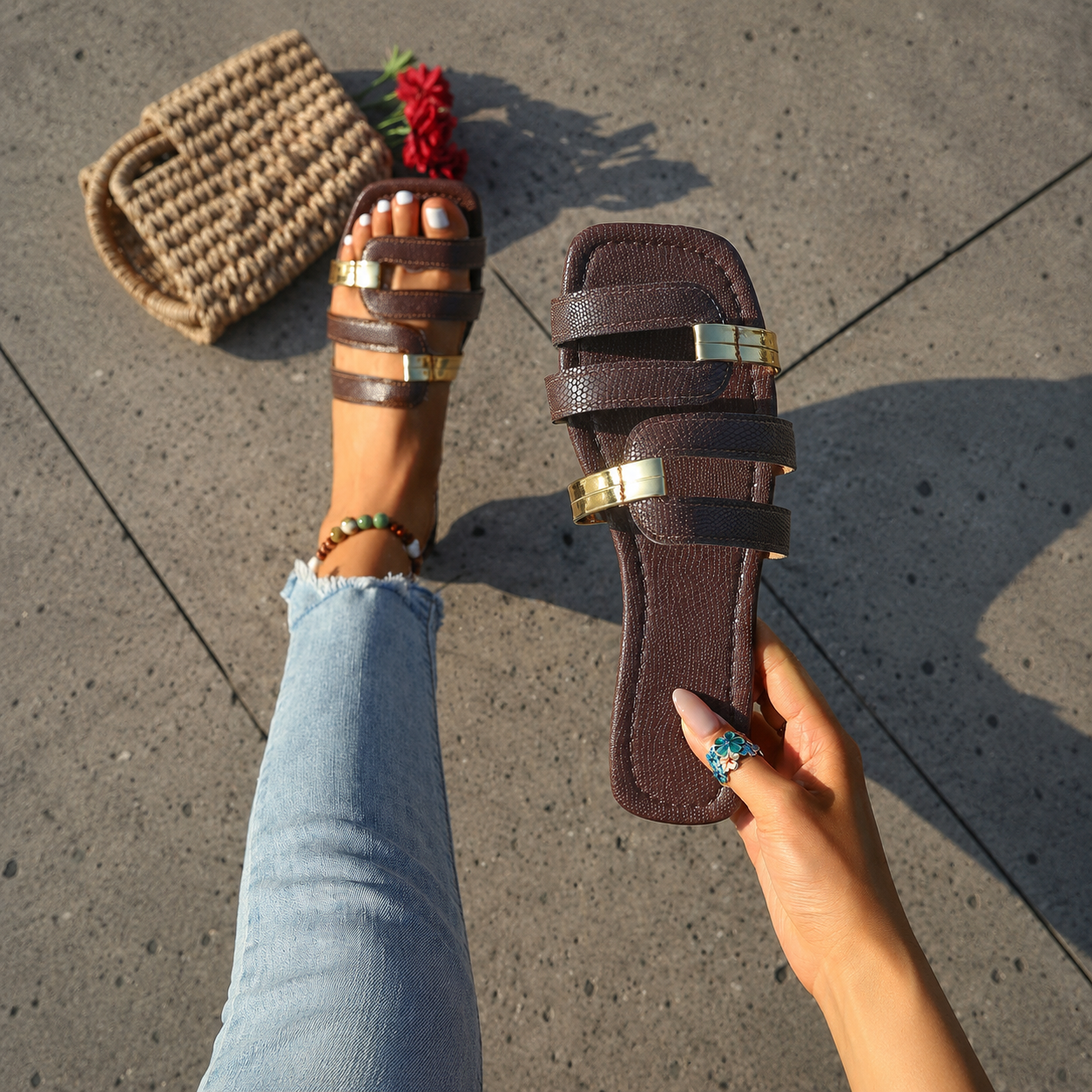 Multi Strap Flat Sandal Travel Slippers For Women