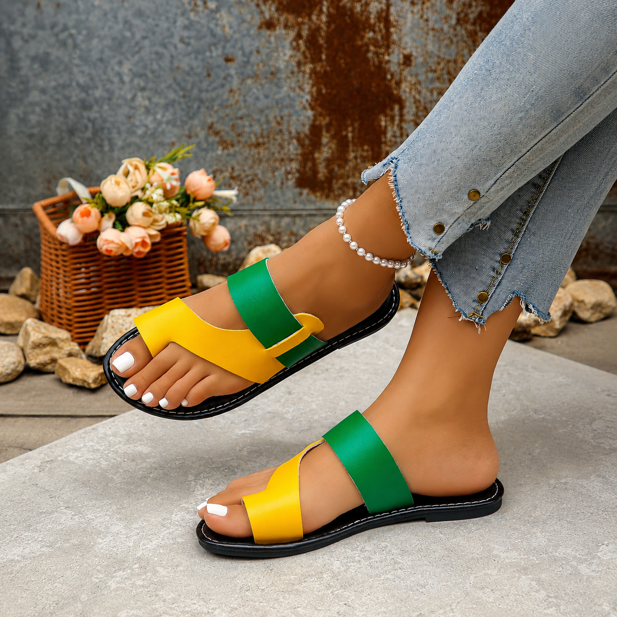 Casual Colorblock Flat Sandal Slippers For Women
