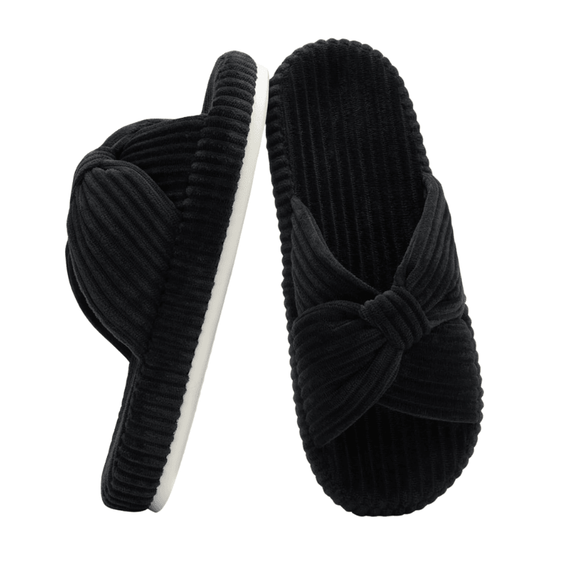 Corduroy Bow Open Toe Slippers – Soft Comfort for Everyday Wear - Cloud Cushion Slides