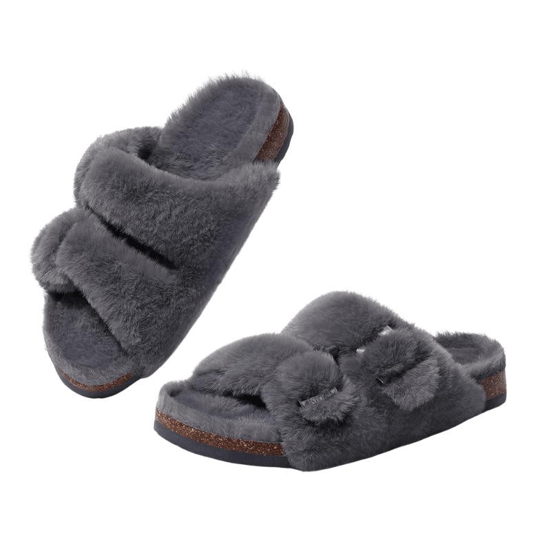 Double Strap Fuzzy Slippers – Adjustable Open Toe Comfort - Cloud Cushion Slides