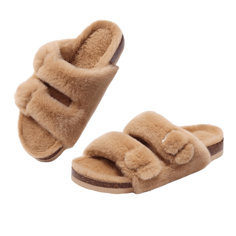 Double Strap Fuzzy Slippers – Adjustable Open Toe Comfort - Cloud Cushion Slides