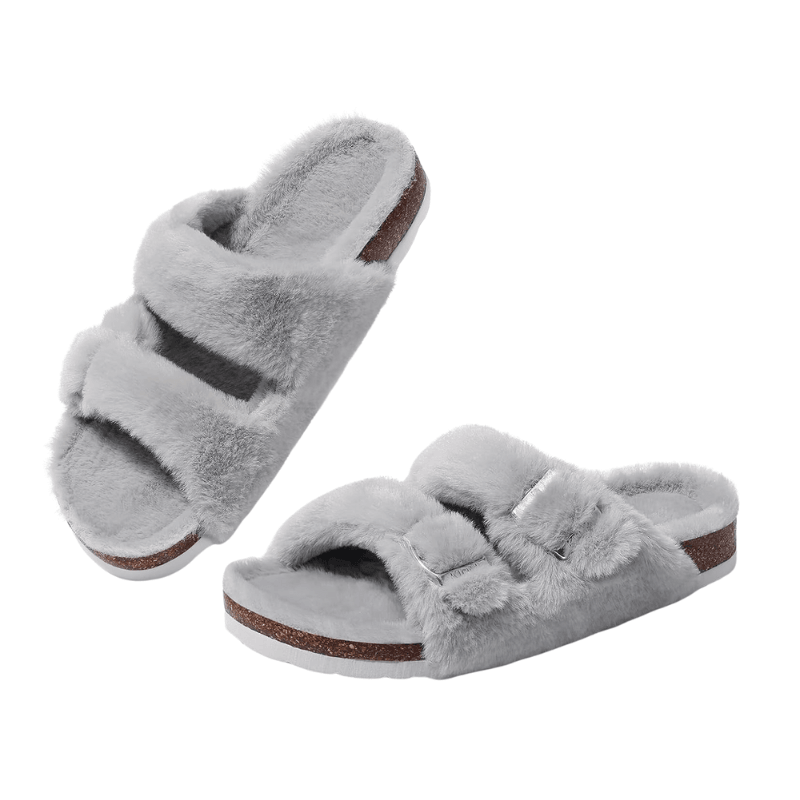 Double Strap Fuzzy Slippers – Adjustable Open Toe Comfort - Cloud Cushion Slides