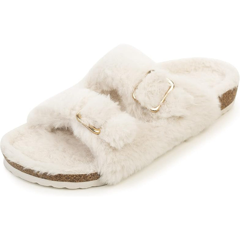 Fluffy Double Buckle Indoor Slippers