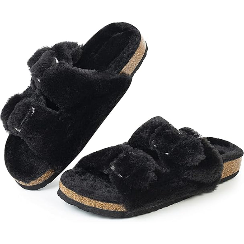 Fluffy Double Buckle Indoor Slippers
