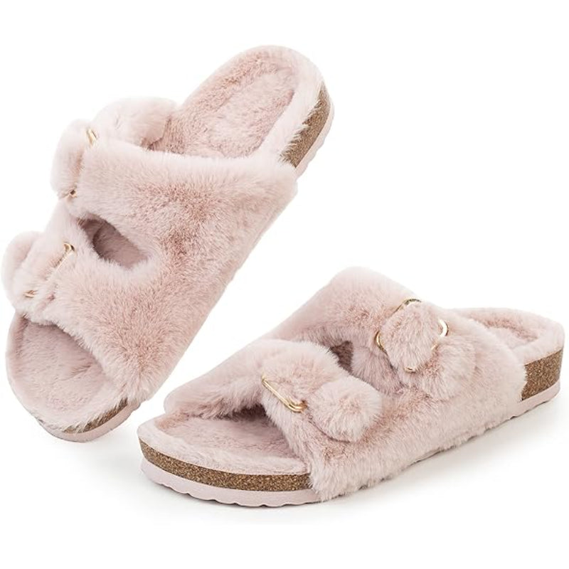 Fluffy Double Buckle Indoor Slippers
