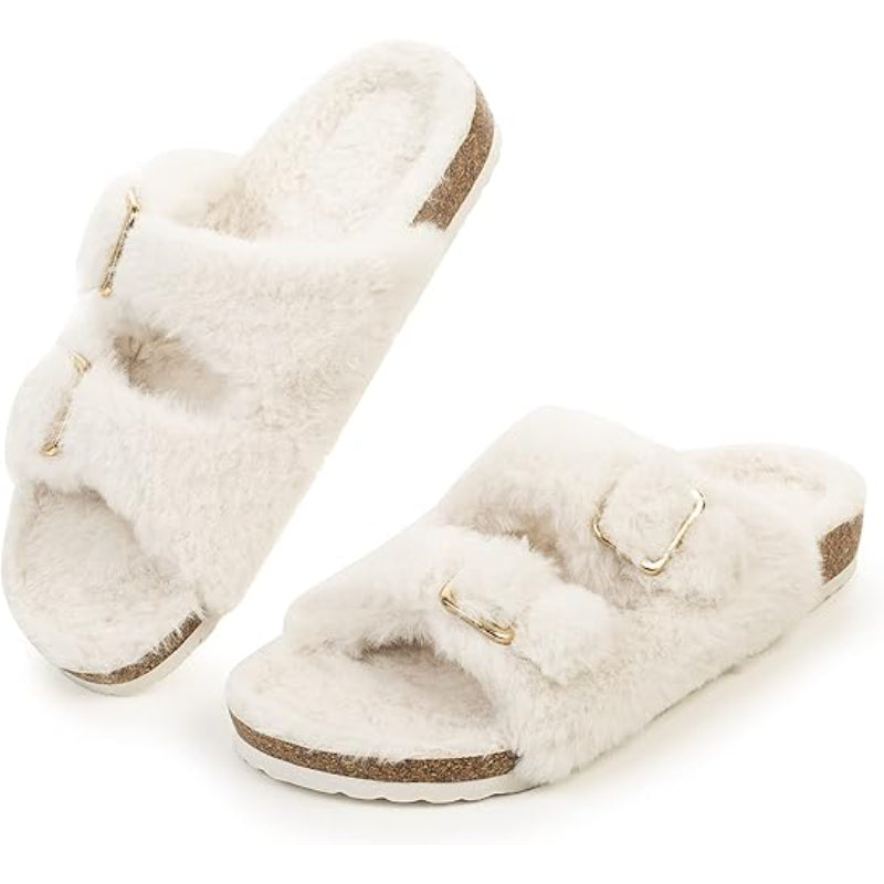Fluffy Double Buckle Indoor Slippers
