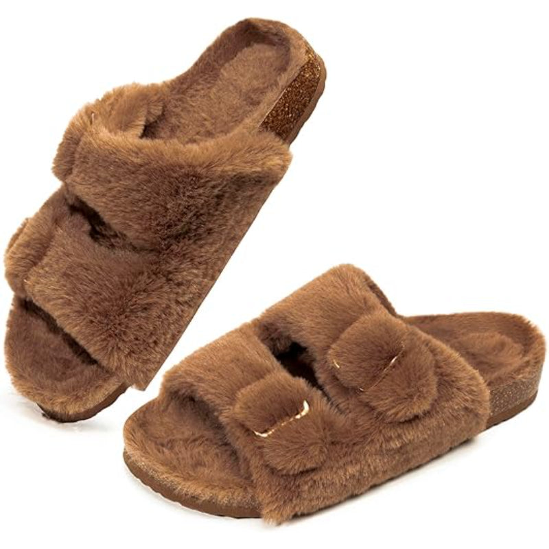 Fluffy Double Buckle Indoor Slippers