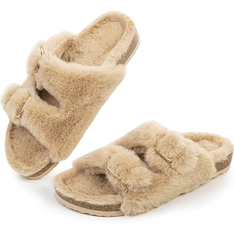 Fluffy Double Buckle Indoor Slippers
