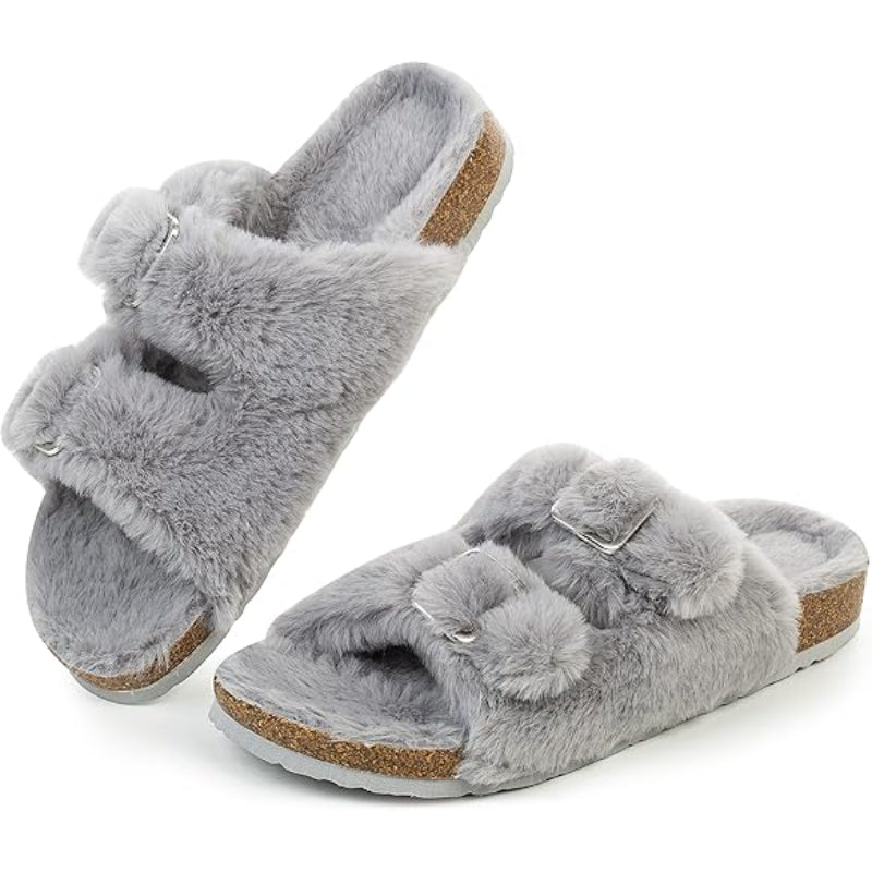 Fluffy Double Buckle Indoor Slippers