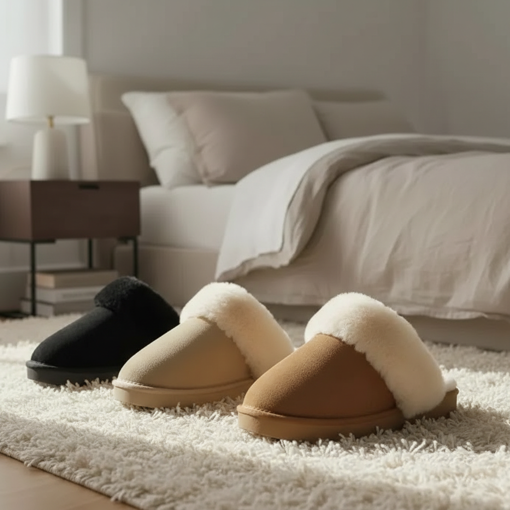 Hush Cozy Women's Suede Slippers - Genuine Leather Upper, Plush and Soft Faux Shearling Lining, Memory Foam Cushioned Footbed, Indoor Outdoor Comfort Slides for Women