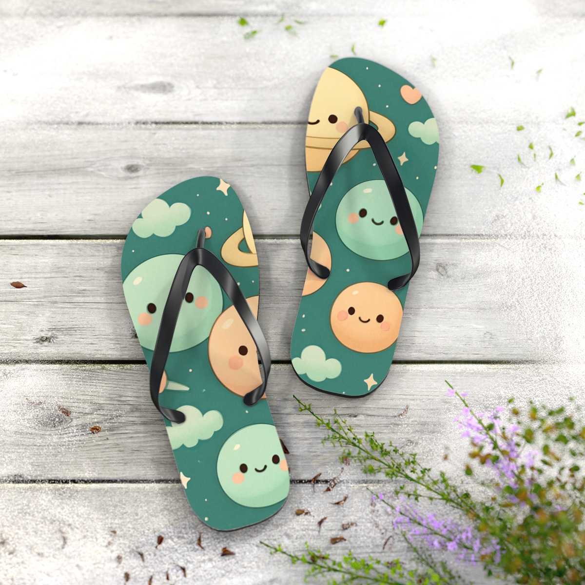 Starlight Mochi Planet Parade colorful rubber flip flops