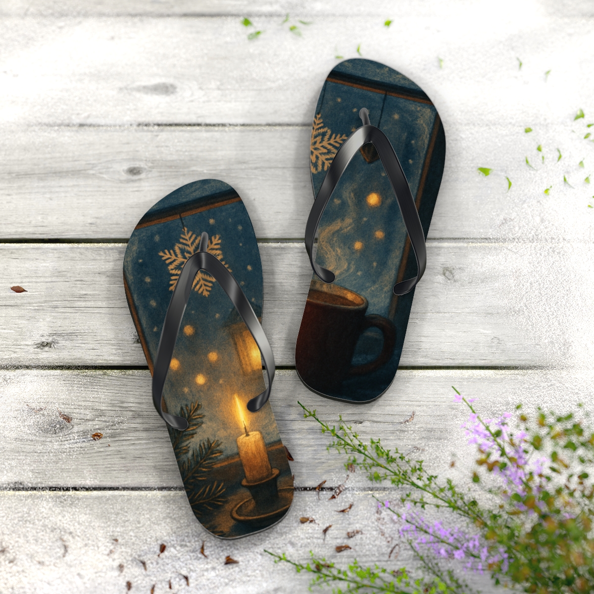 Lantern Lit Winter Carol Window unique graphic flip flops