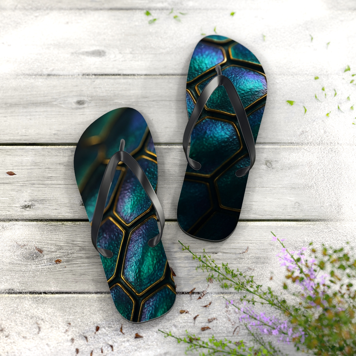 Prismatic Beetle Carapace Drift unique graphic flip flops