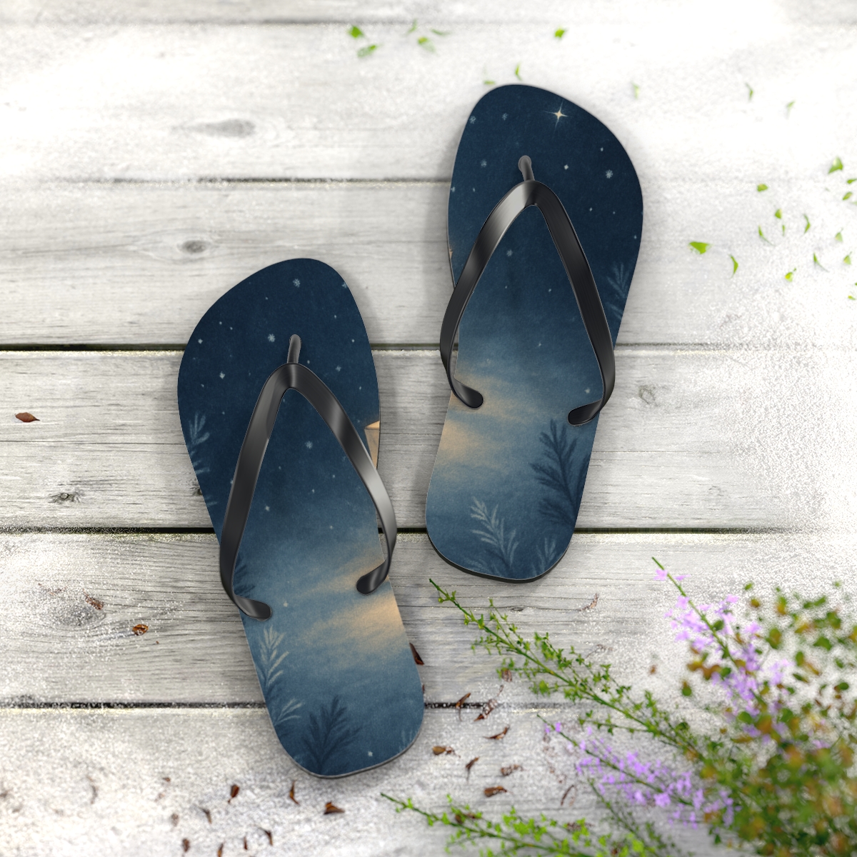 Winter Solstice Lantern Quiet personalized beach flip flops