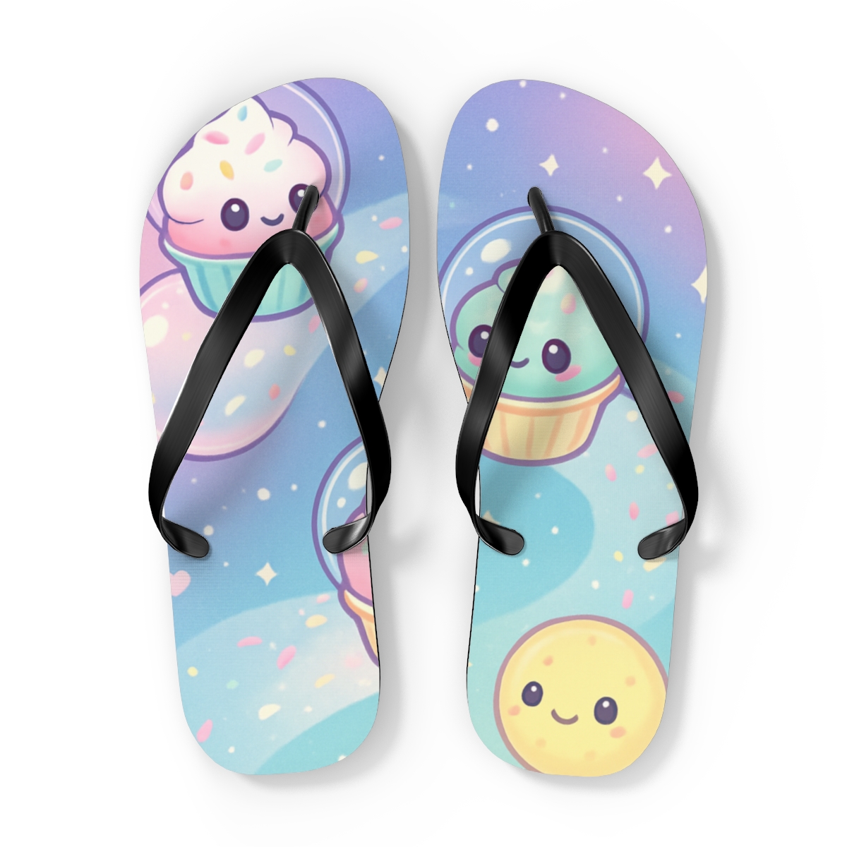 Cosmic Cupcake Comet Parade colorful rubber flip flops
