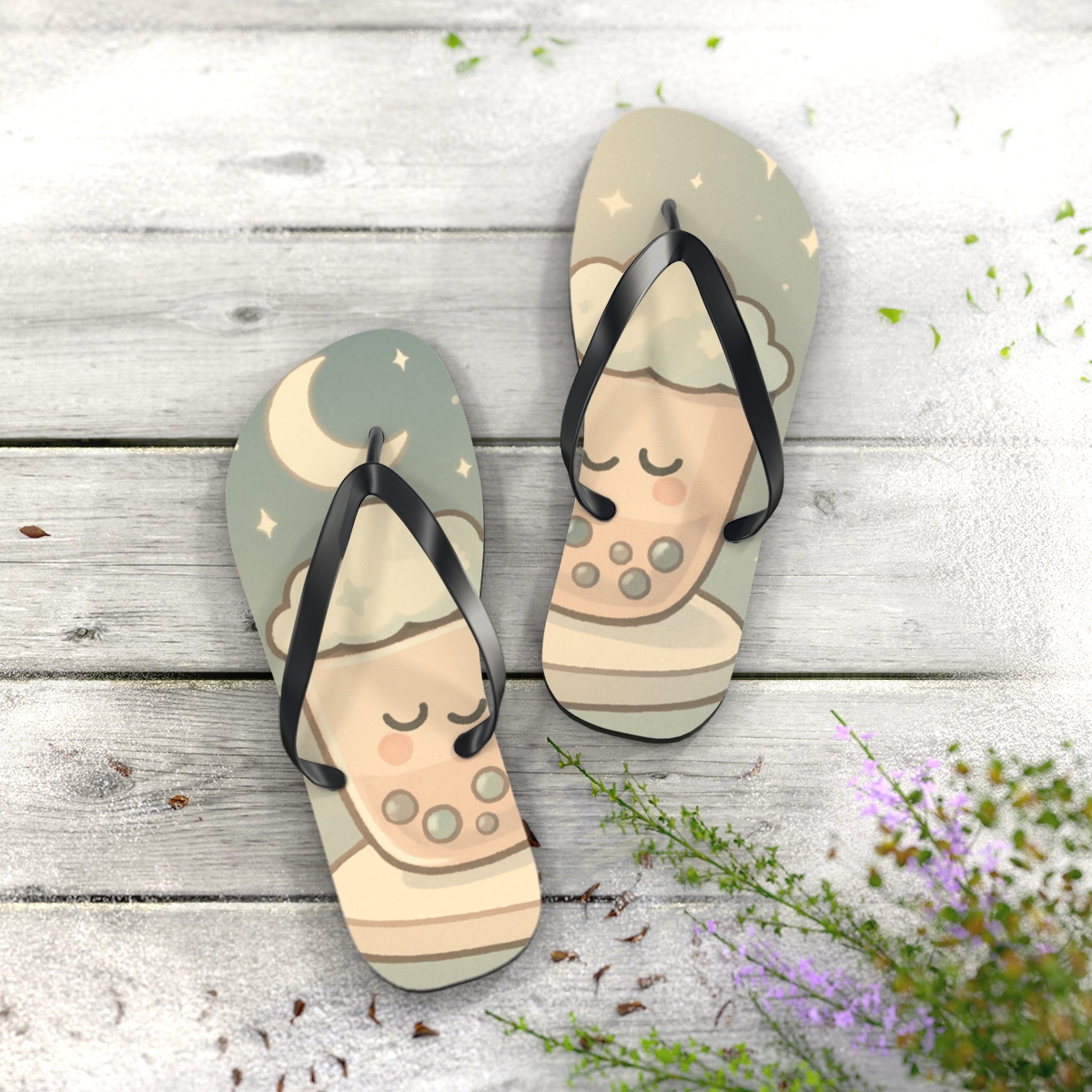 Moon Milk Tea Friends unique graphic flip flops