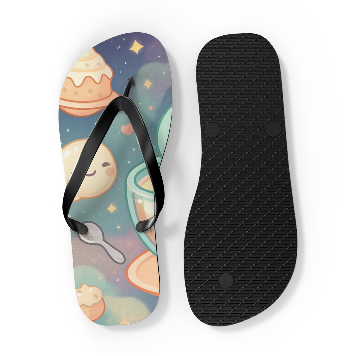 Cosmic Mochi Comet Cafe designer logo flip flops