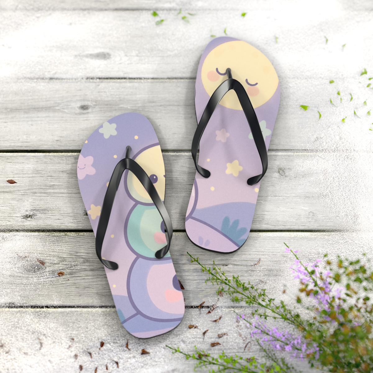 Moonlit Mochi Friends designer logo flip flops