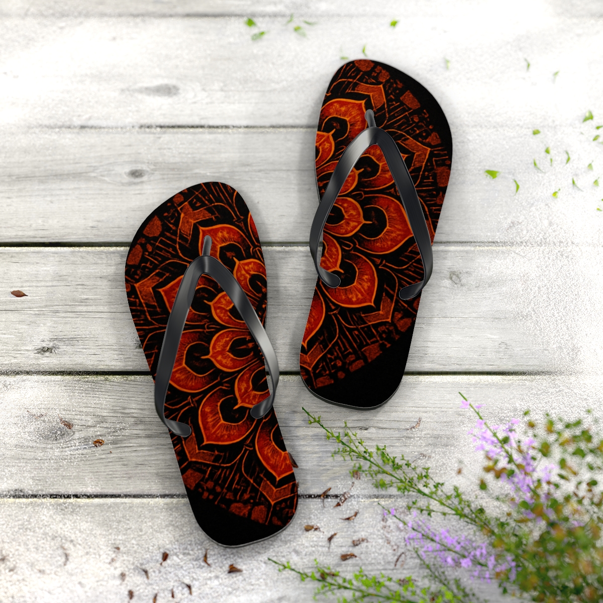 Ember Sunburst Petal Circuit personalized beach flip flops