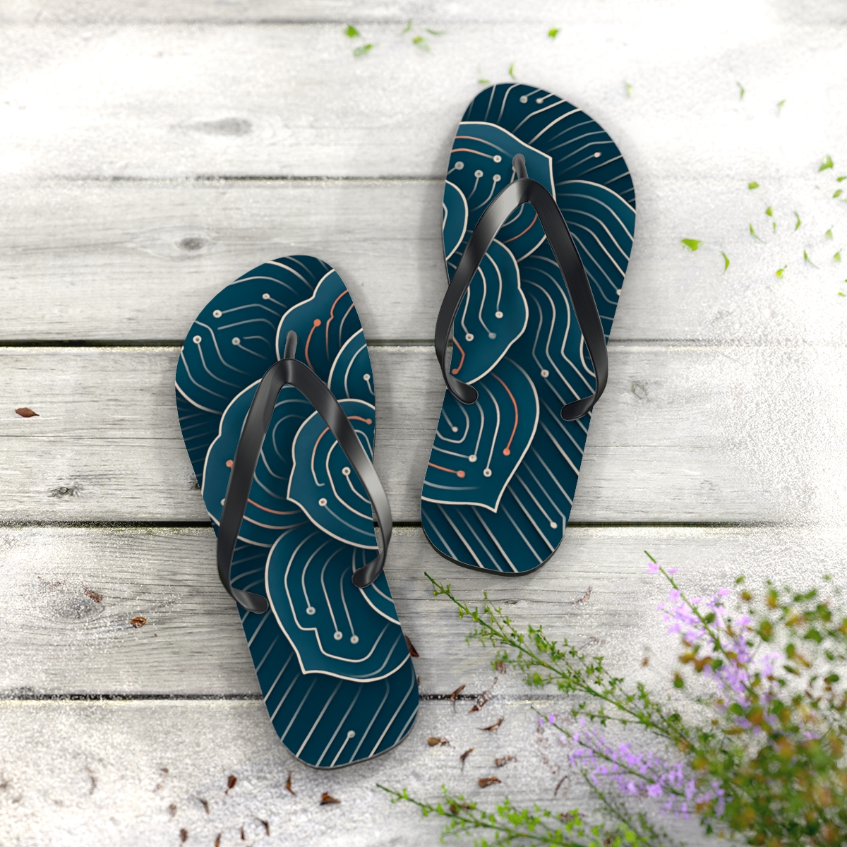 Camellia Petal Circuit unique graphic flip flops