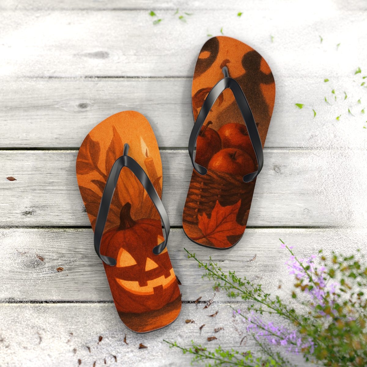 Autumn Masquerade Of Harvest Shadows personalized beach flip flops