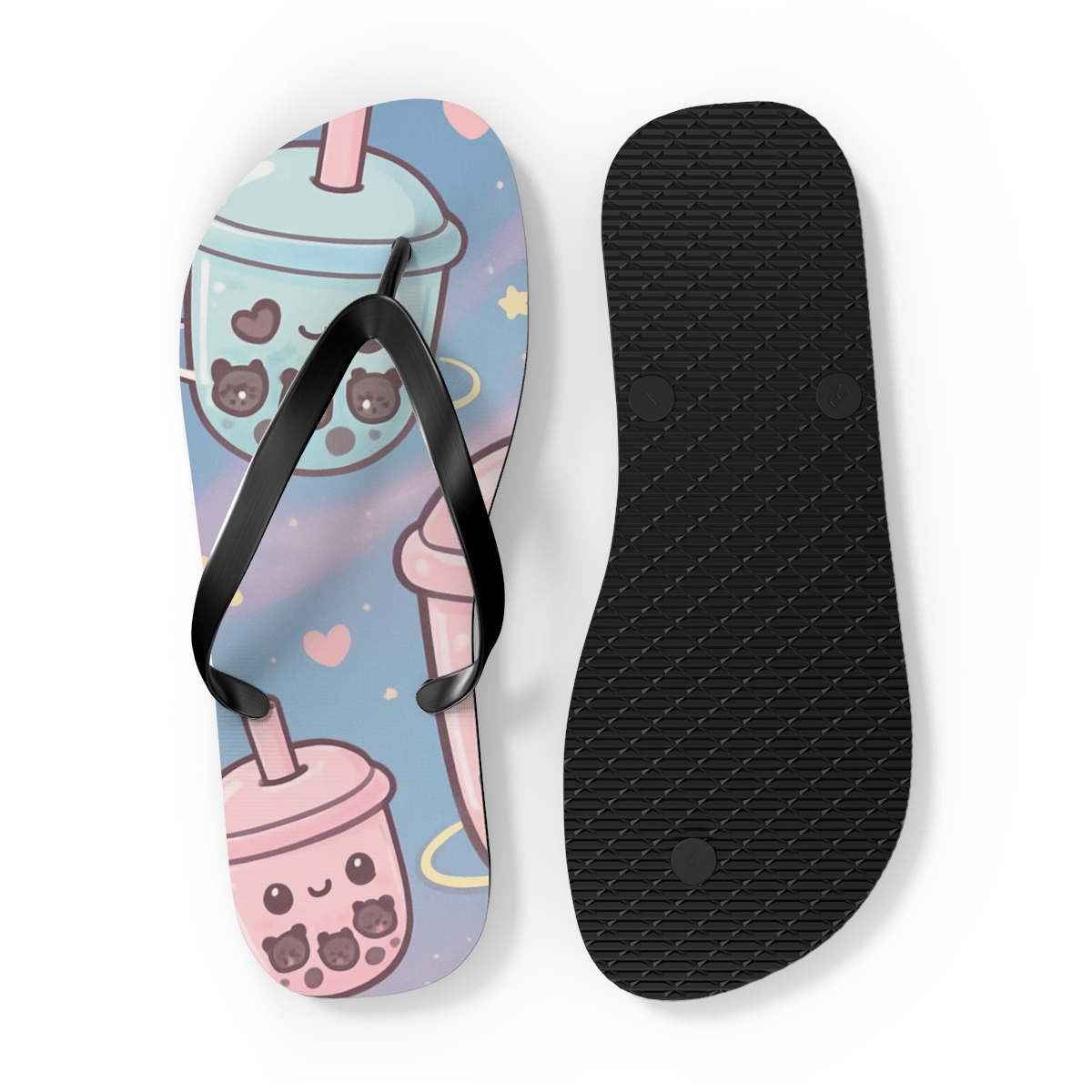 Cosmic Bubble Tea Critters colorful rubber flip flops