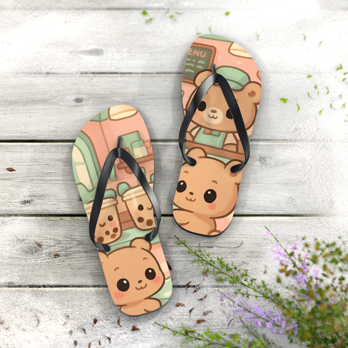 Bubble Tea Bear Cafe soft sole flip flops
