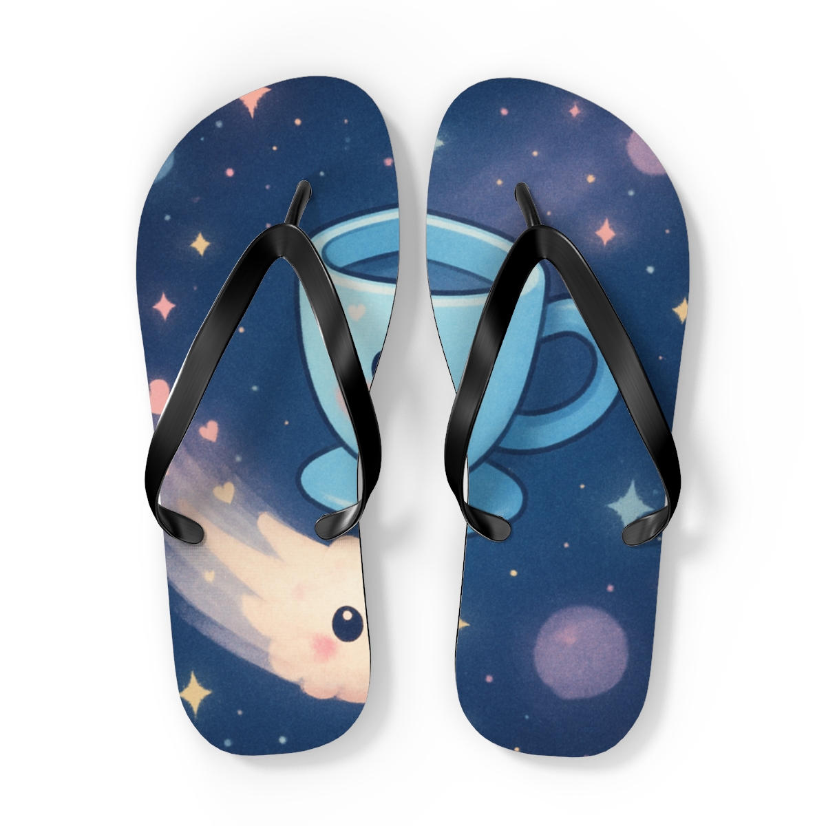 Starry Teacup Comet Friends unique graphic flip flops