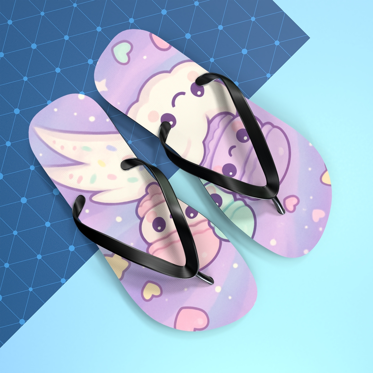 Cosmic Macaron Comet Parade designer logo flip flops