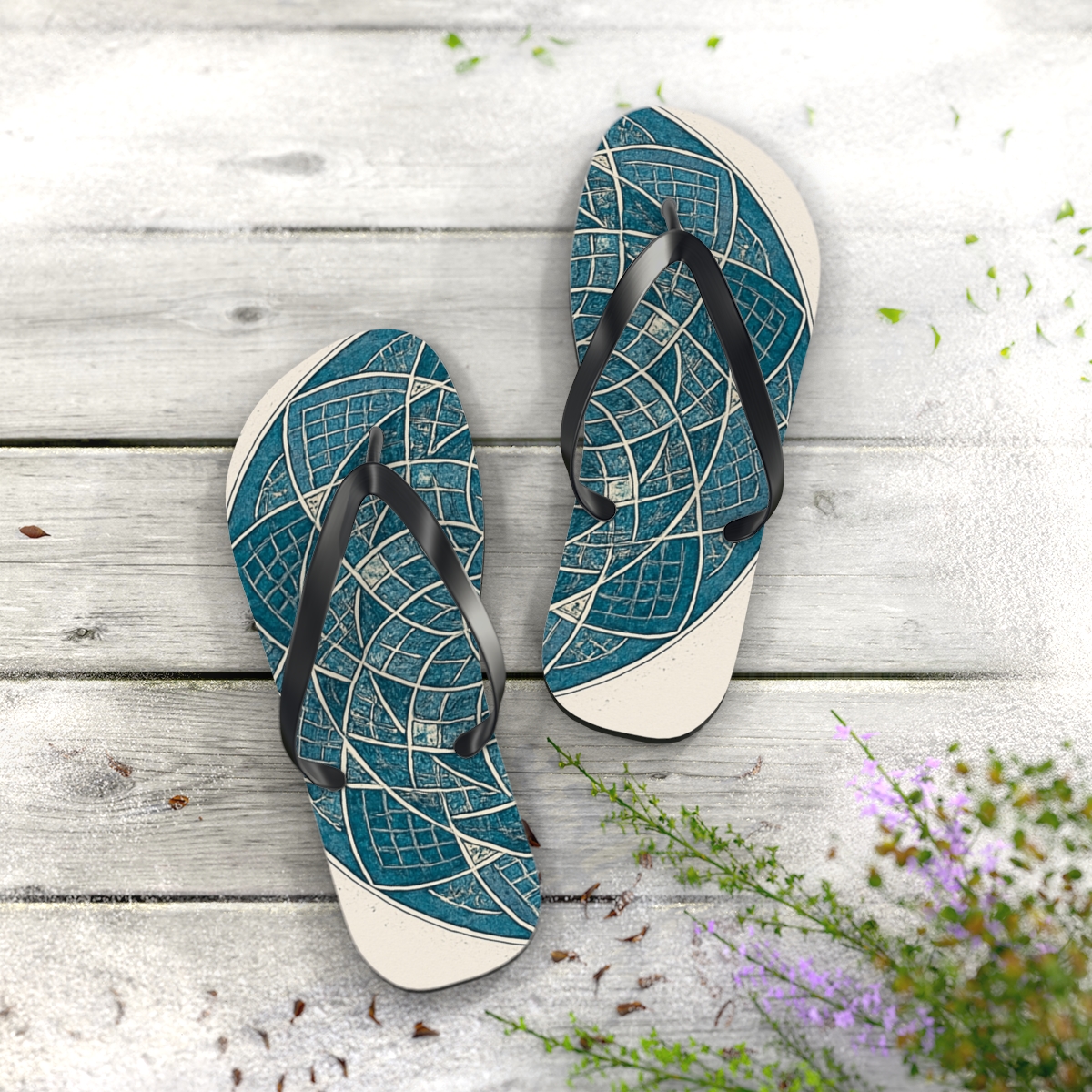 Lattice Bloom Concentric Atlas designer logo flip flops