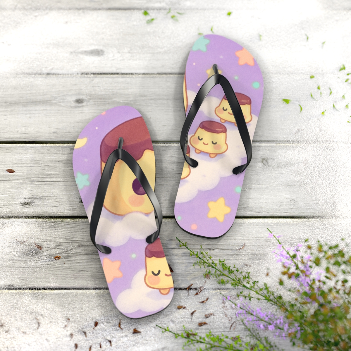 Sleepy Moon Pudding Parade trendy printed flip flops