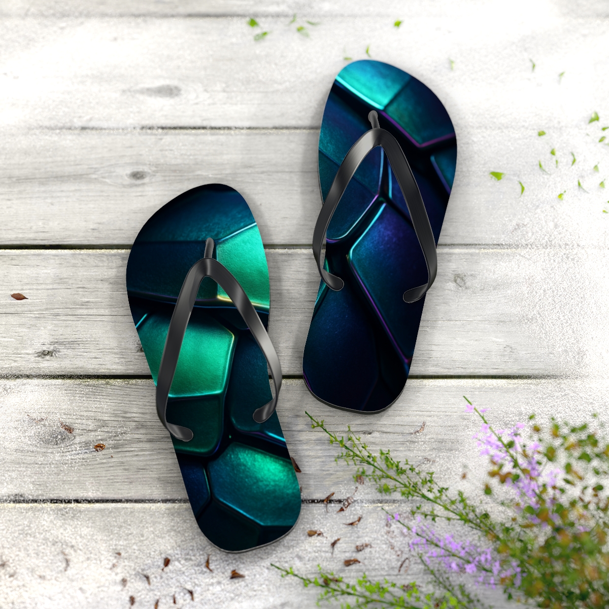 Iridescent Carapace Echo unique graphic flip flops