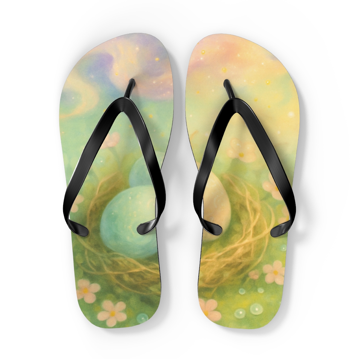 Spring Equinox Painted Egg Nebula designer logo flip flops