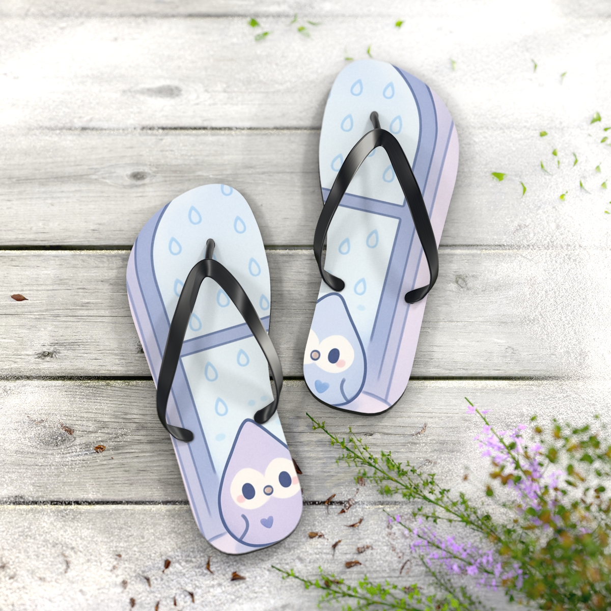 Lavender Raindrop Owls trendy printed flip flops