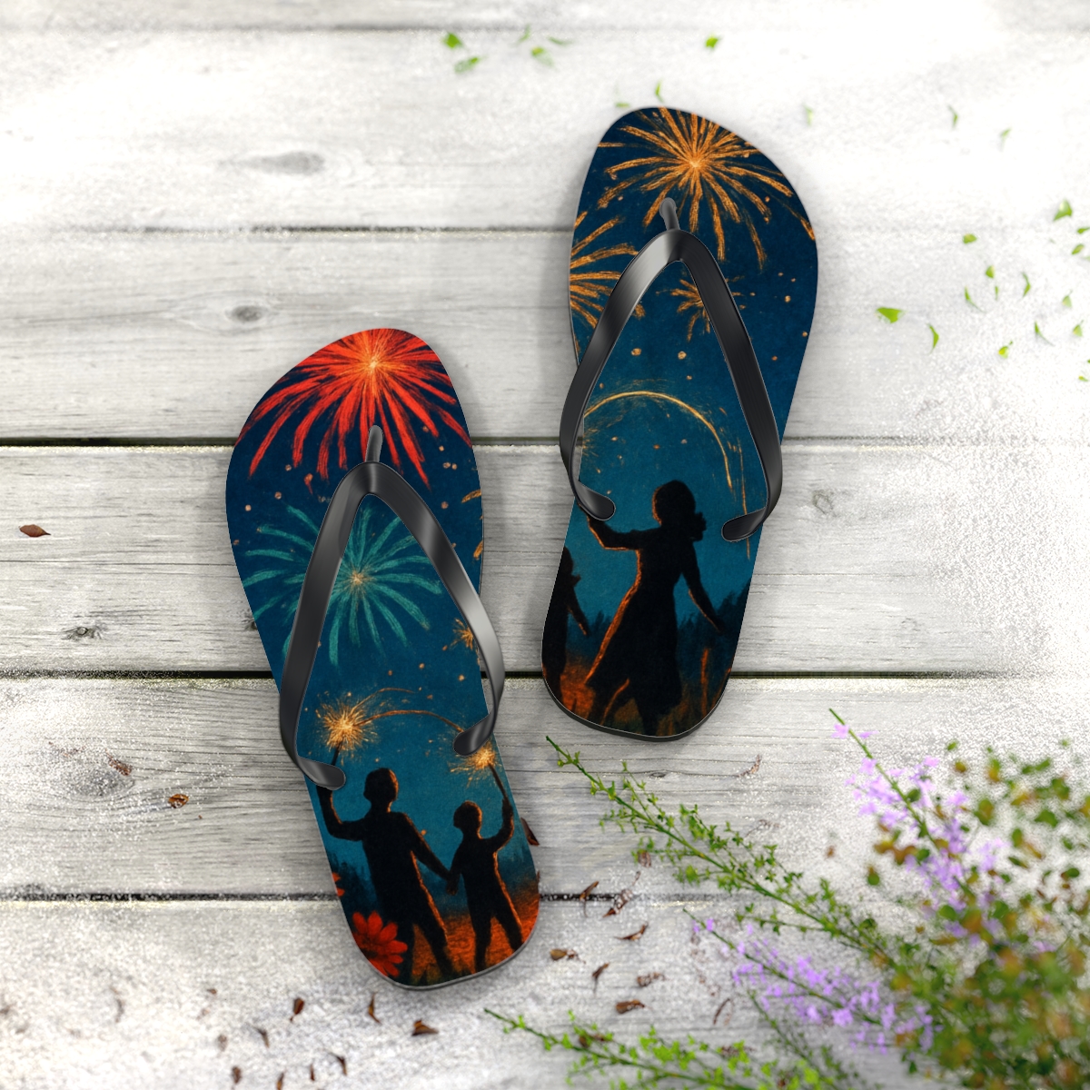 Midsummer Bonfire Fireworks designer logo flip flops